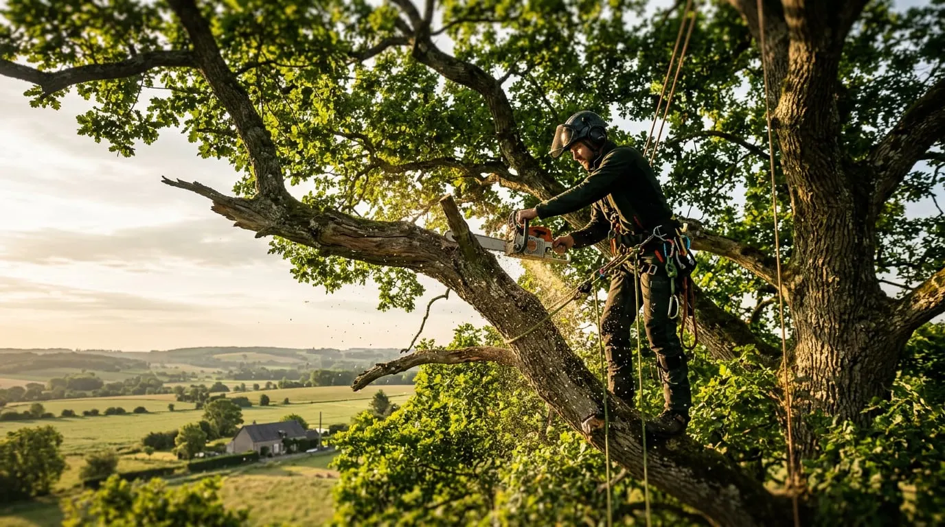 Élagueur encordé coupant une grosse branche de chêne à la tronçonneuse