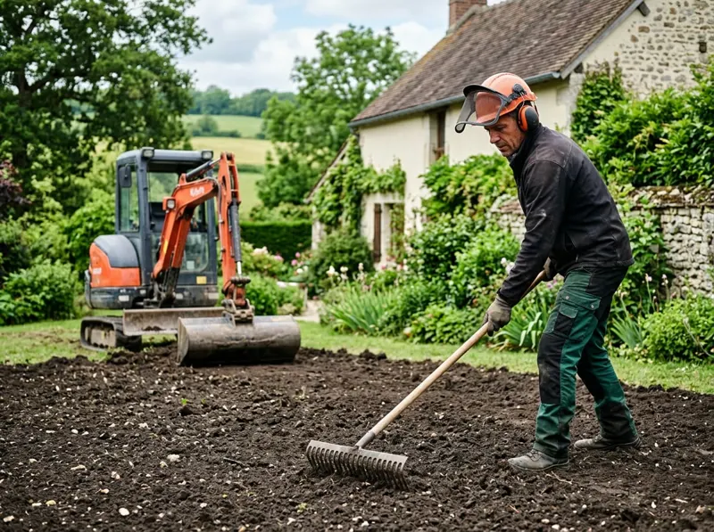 Paysagiste nivelant un terrain fraîchement dégagé